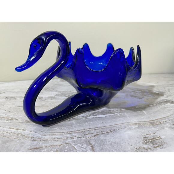 Vintage Cobalt Blue Blown Glass Swan Candy Dish MCM Decorative - Picture 1 of 14
